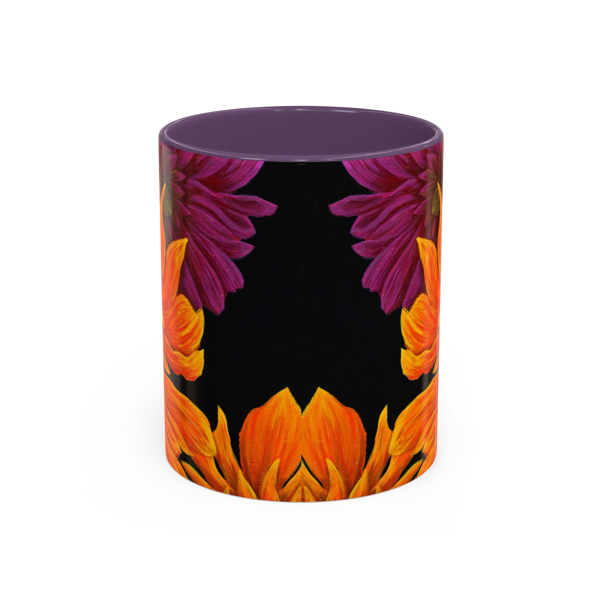 Dahlia Abstract Art Floral Accent Coffee Mug | Orange Purple on Dark Blue (11oz)