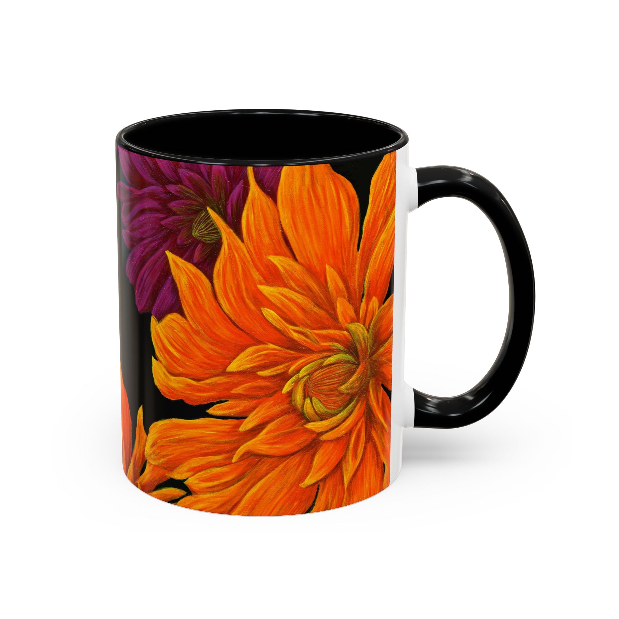Ember Bloom Ceramic Mug - Orange Purple Dahlia Abstract Art Print