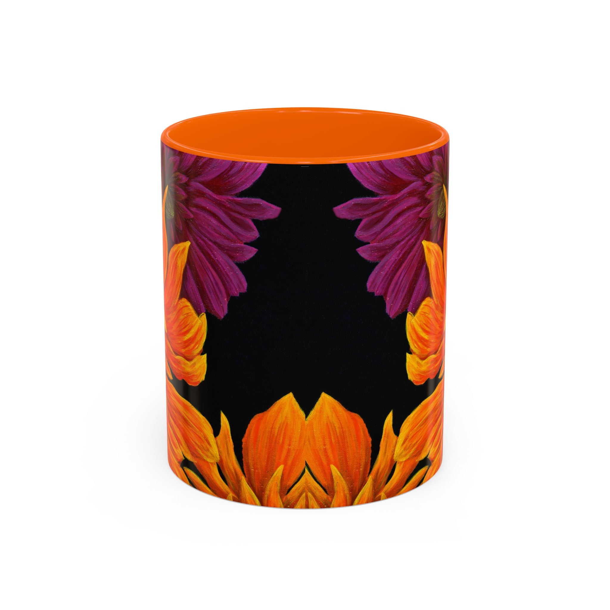 Dahlia Abstract Art Floral Accent Coffee Mug | Orange Purple on Dark Blue (11oz)