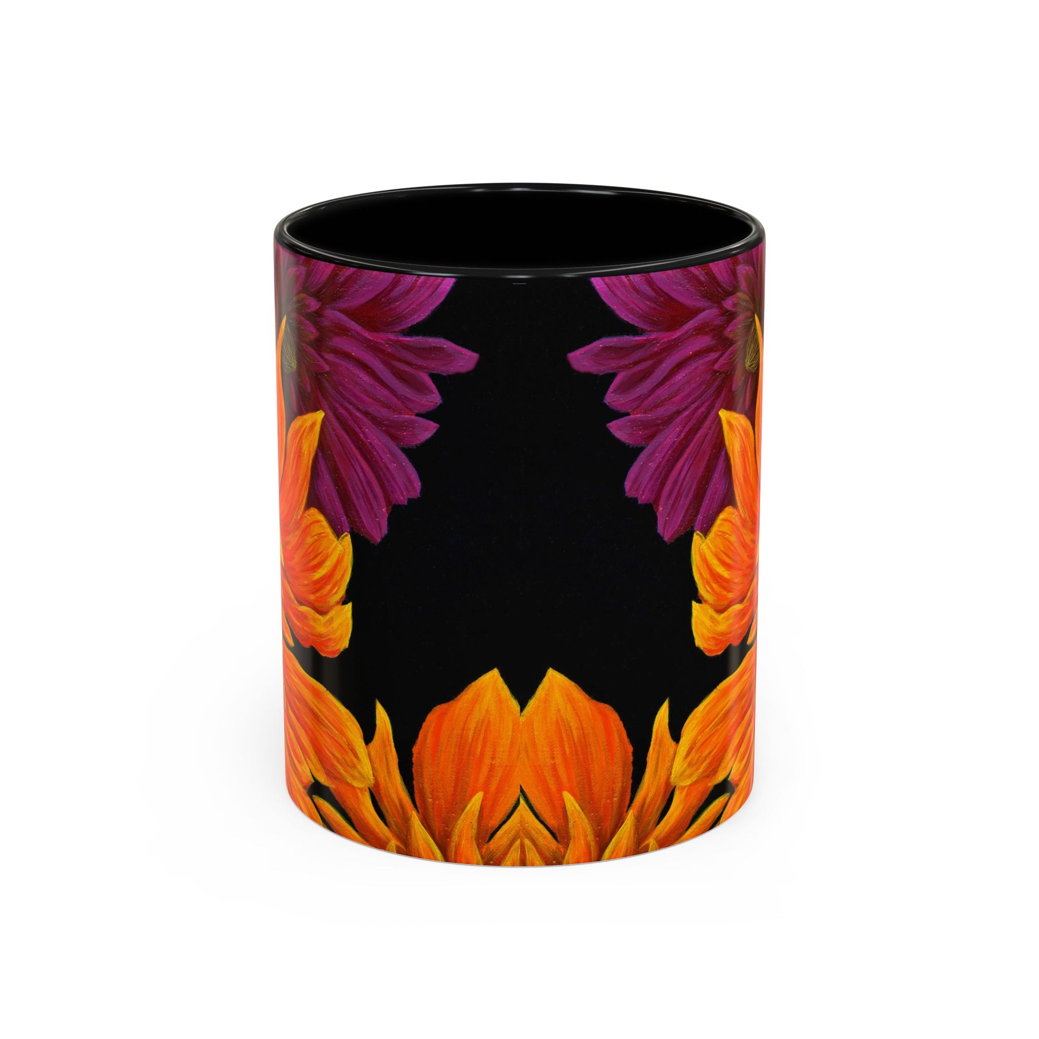 Dahlia Abstract Art Floral Accent Coffee Mug | Orange Purple on Dark Blue (11oz)