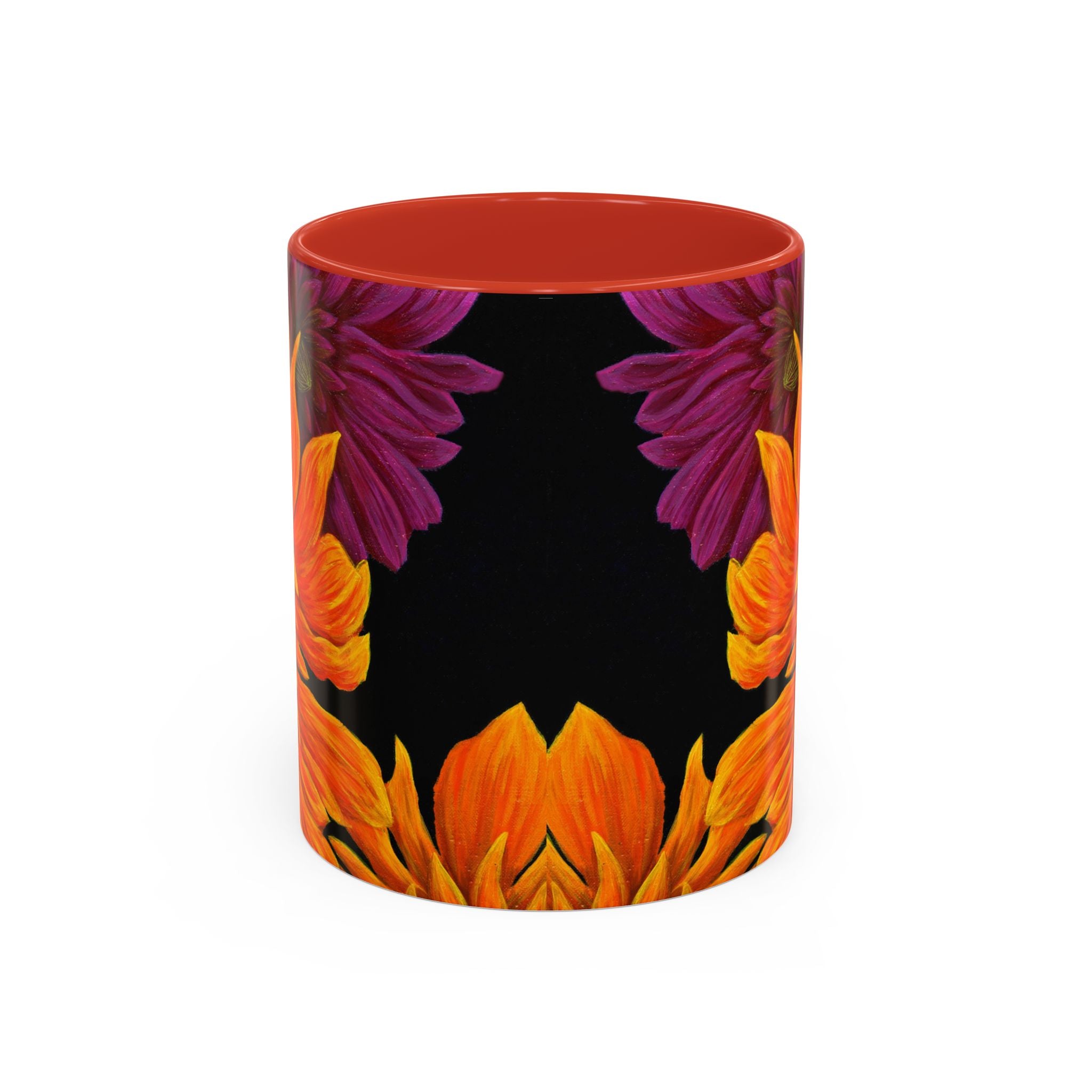 Dahlia Abstract Art Floral Accent Coffee Mug | Orange Purple on Dark Blue (11oz)