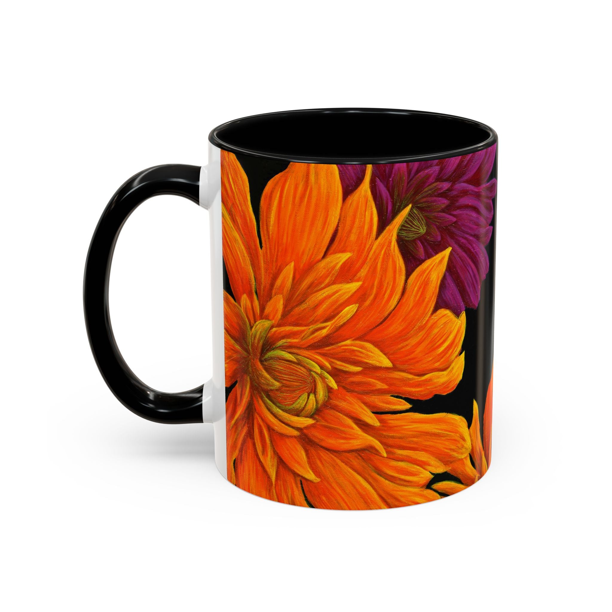 Ember Bloom Ceramic Mug - Orange Purple Dahlia Abstract Art Print