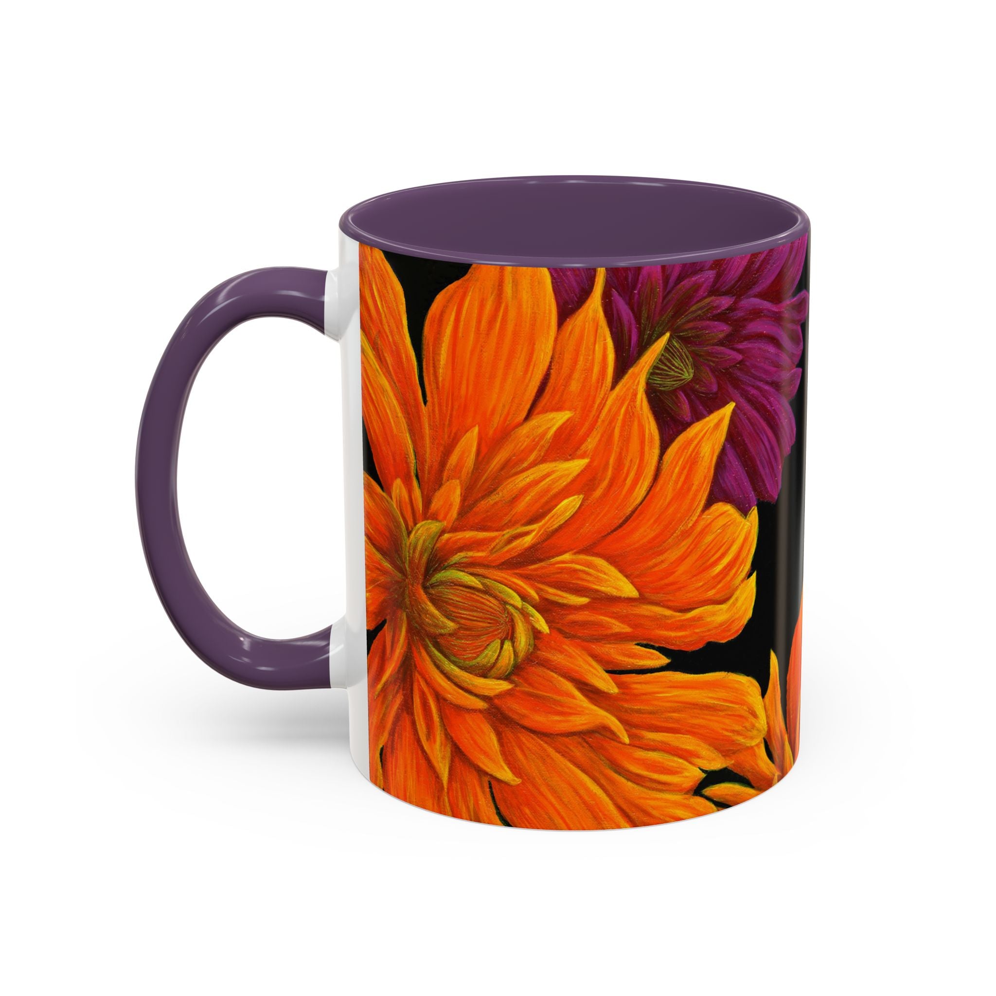 Ember Bloom Ceramic Mug - Orange Purple Dahlia Abstract Art Print