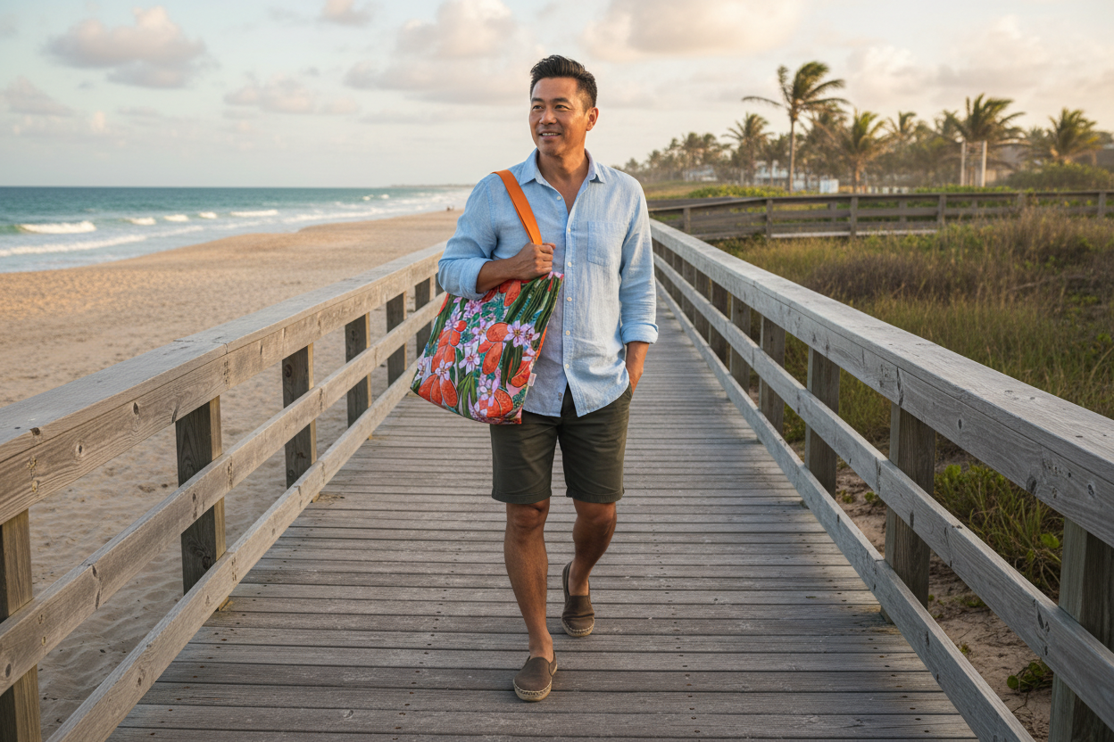Asian man on beach with orange tote bag