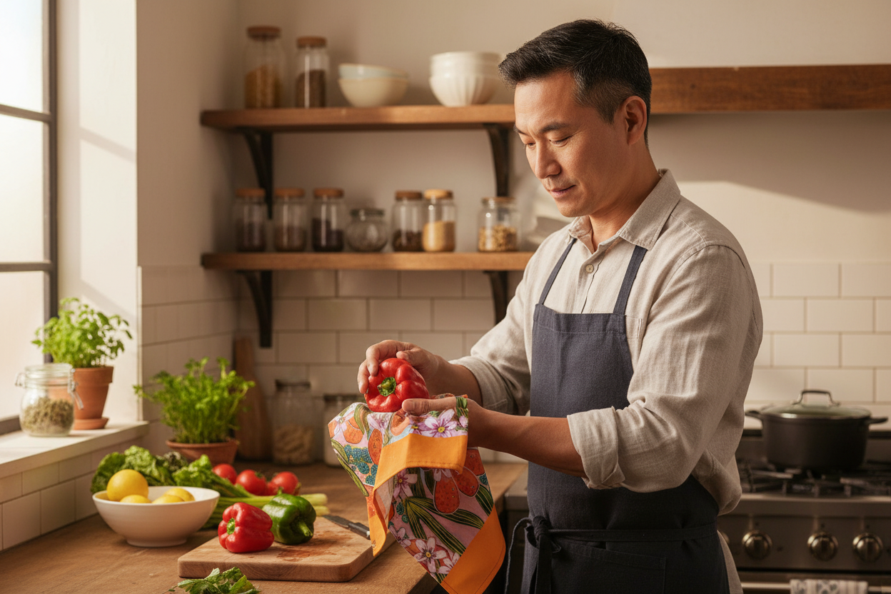 Asian man with orange floral tea towel