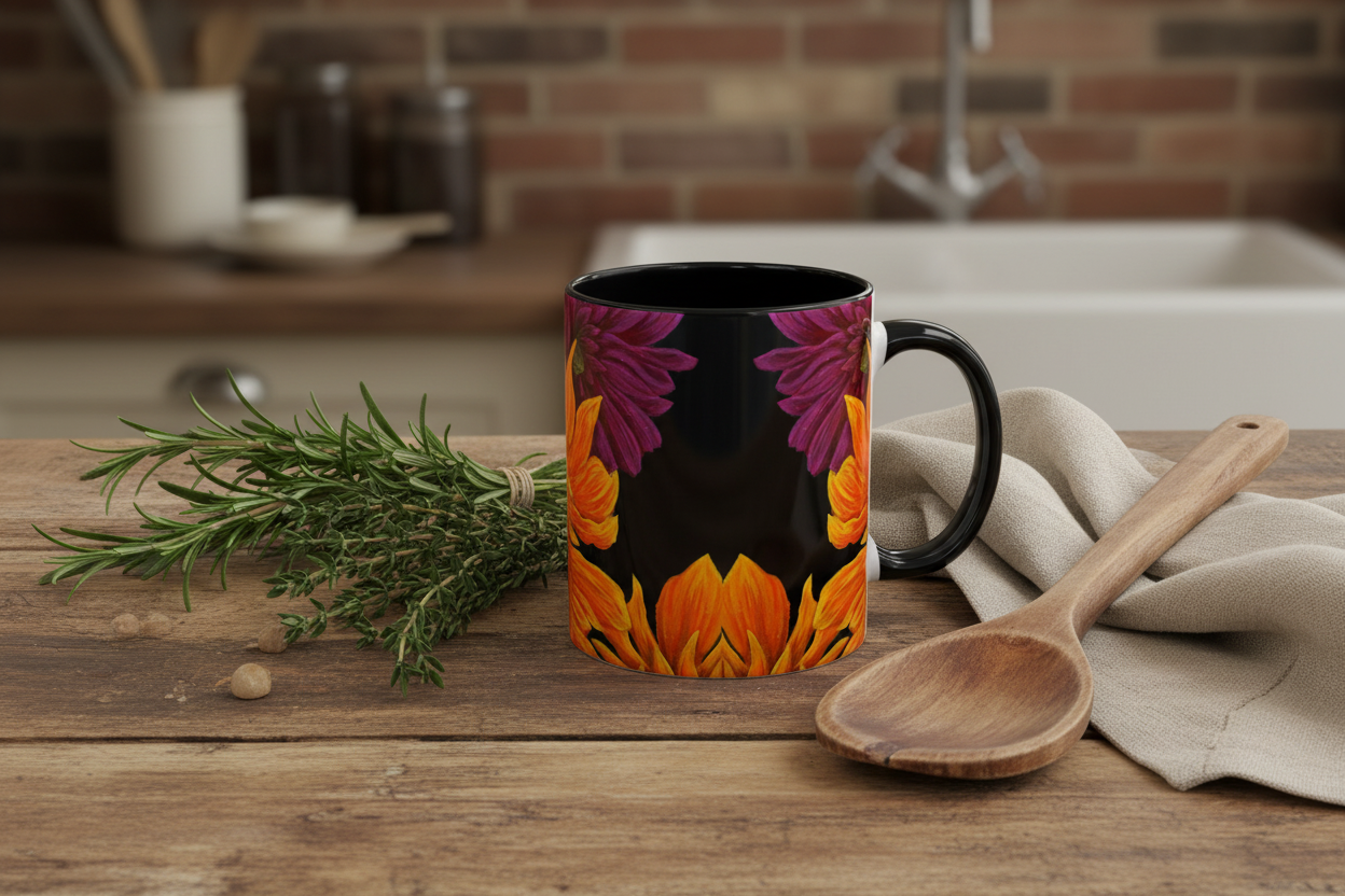 Black dahlia mug in kitchen