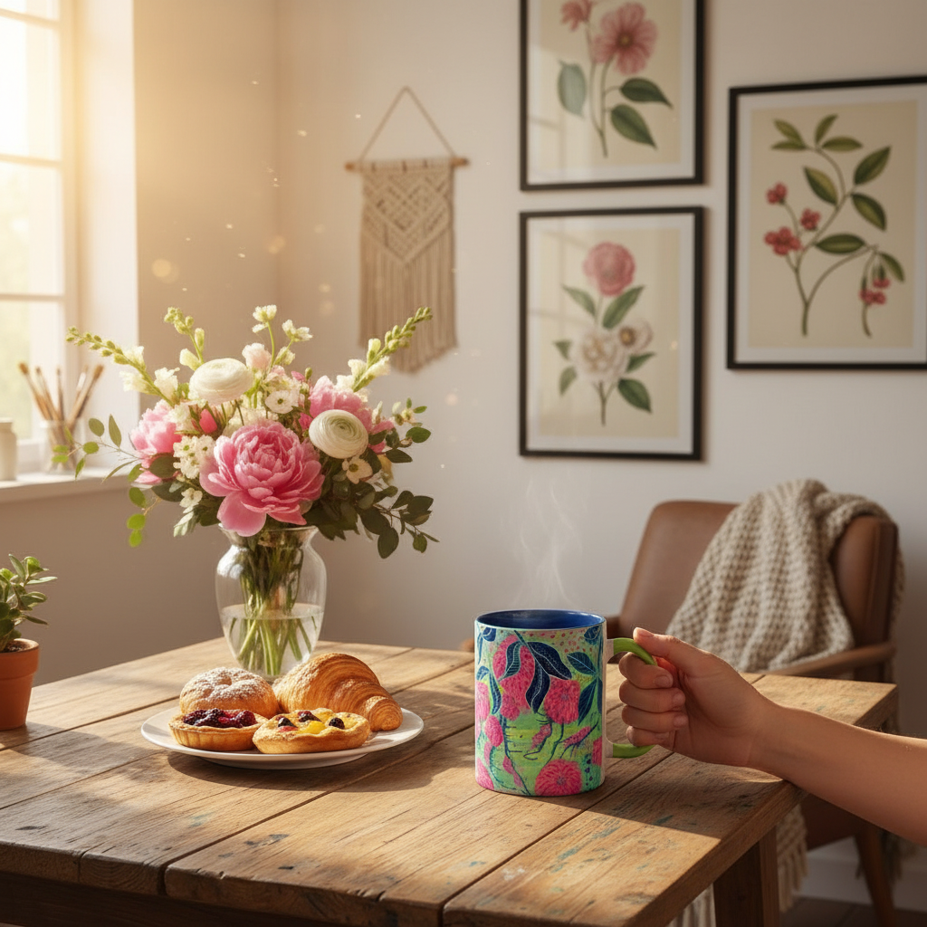 Breakfast scene with blue interior mug