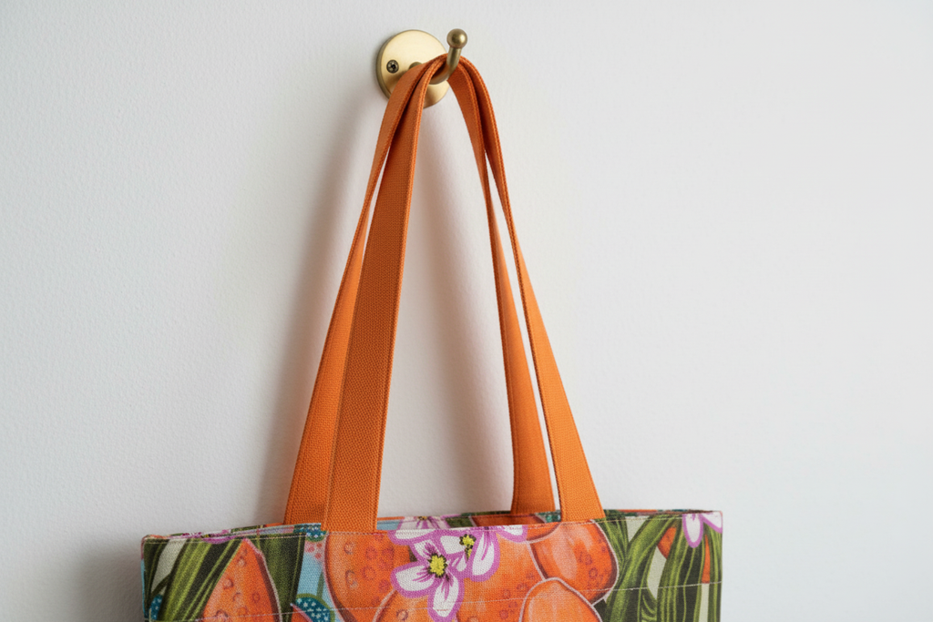 Close-up detail of orange tote bag on hook
