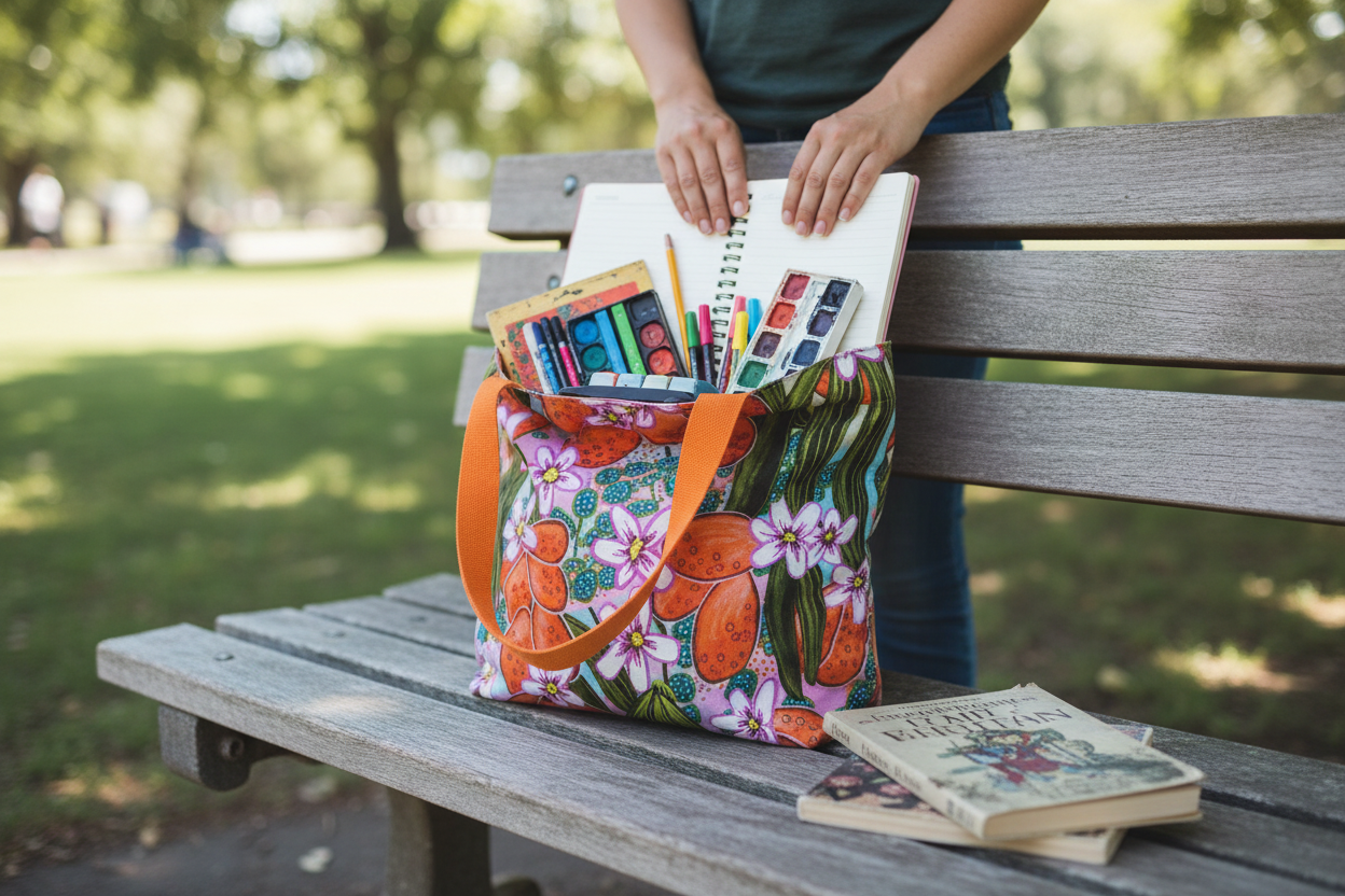 Close-up of hands holding orange tote bag with art supplies