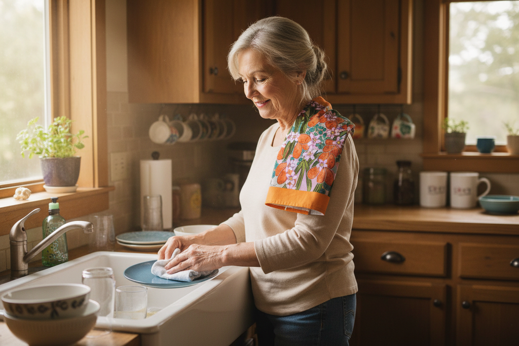 Elderly person using orange floral tea towel without apron