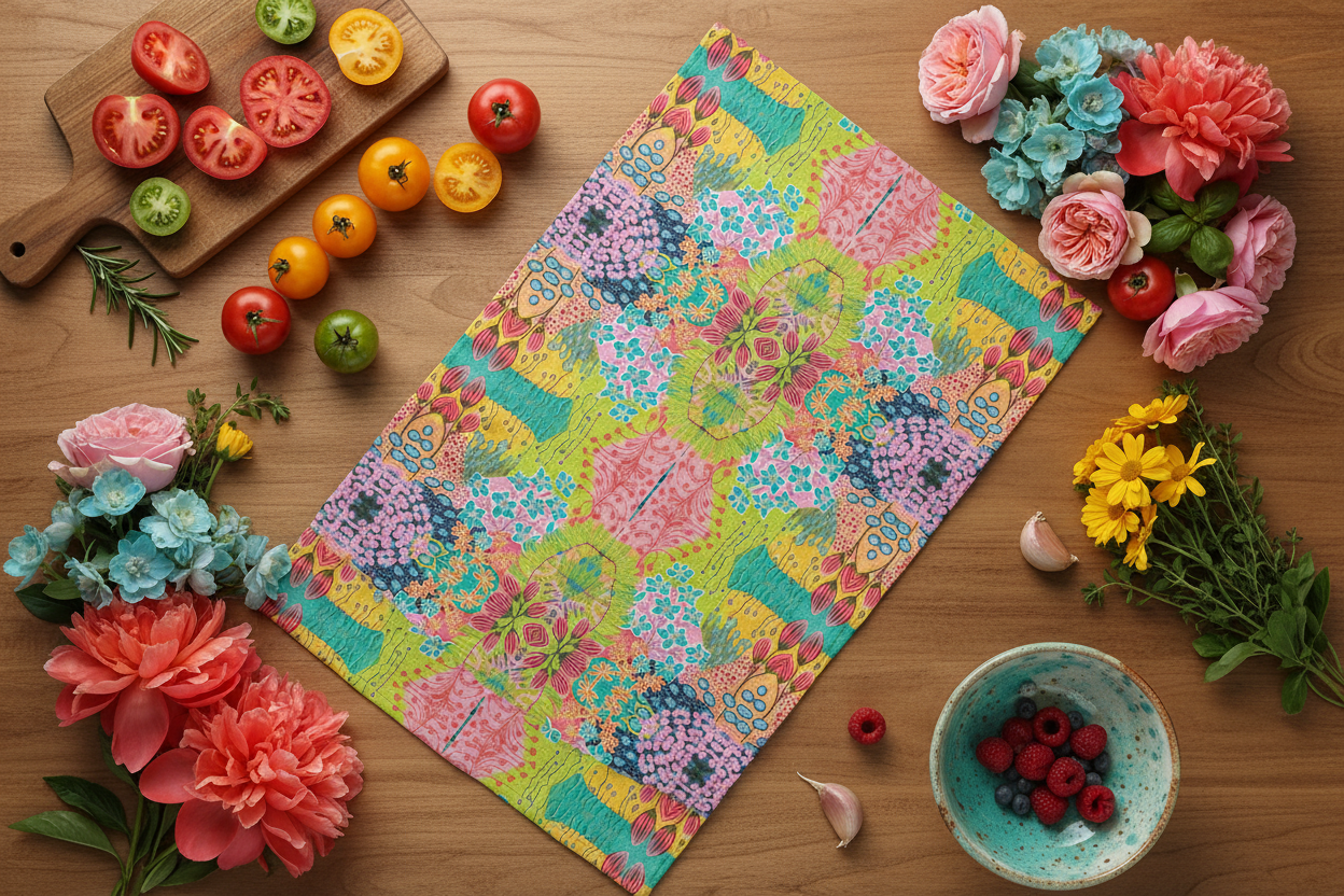 Summer Awakening Geometric Large Tea Towel - Original Botanical Kitchen Linen UK Made