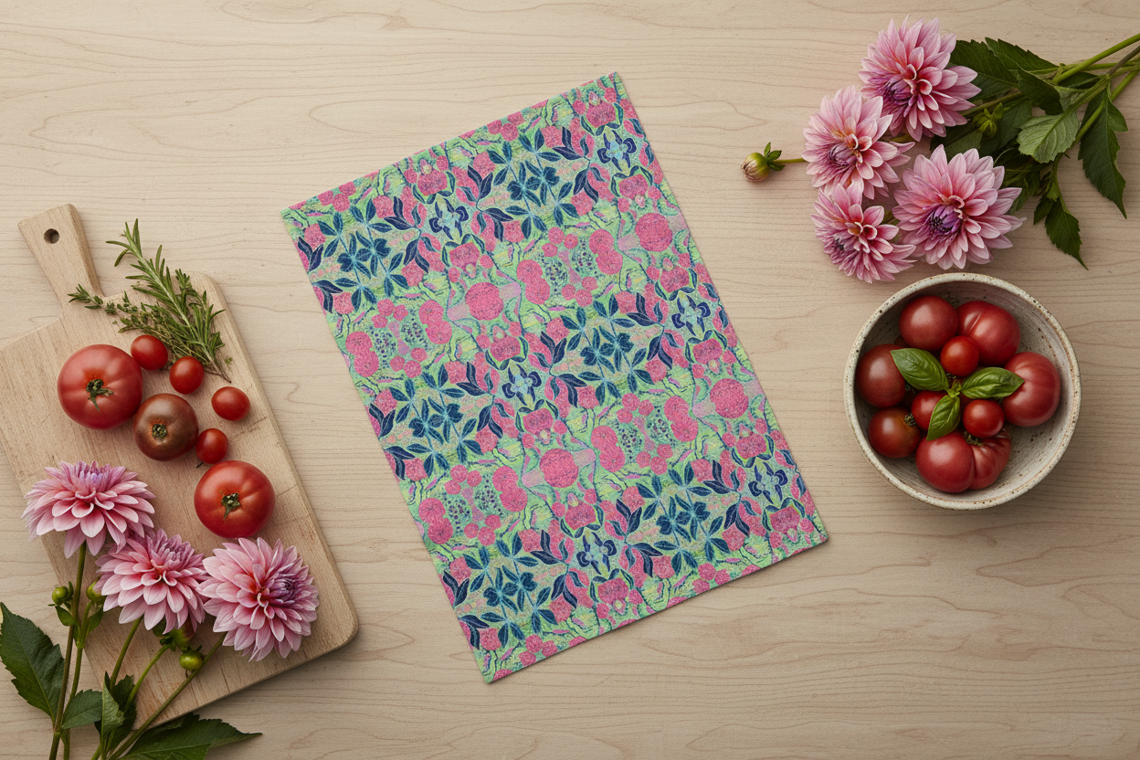 Radiant Dahlia Geometric Large Tea Towel - Original Botanical Kitchen Linen UK Made