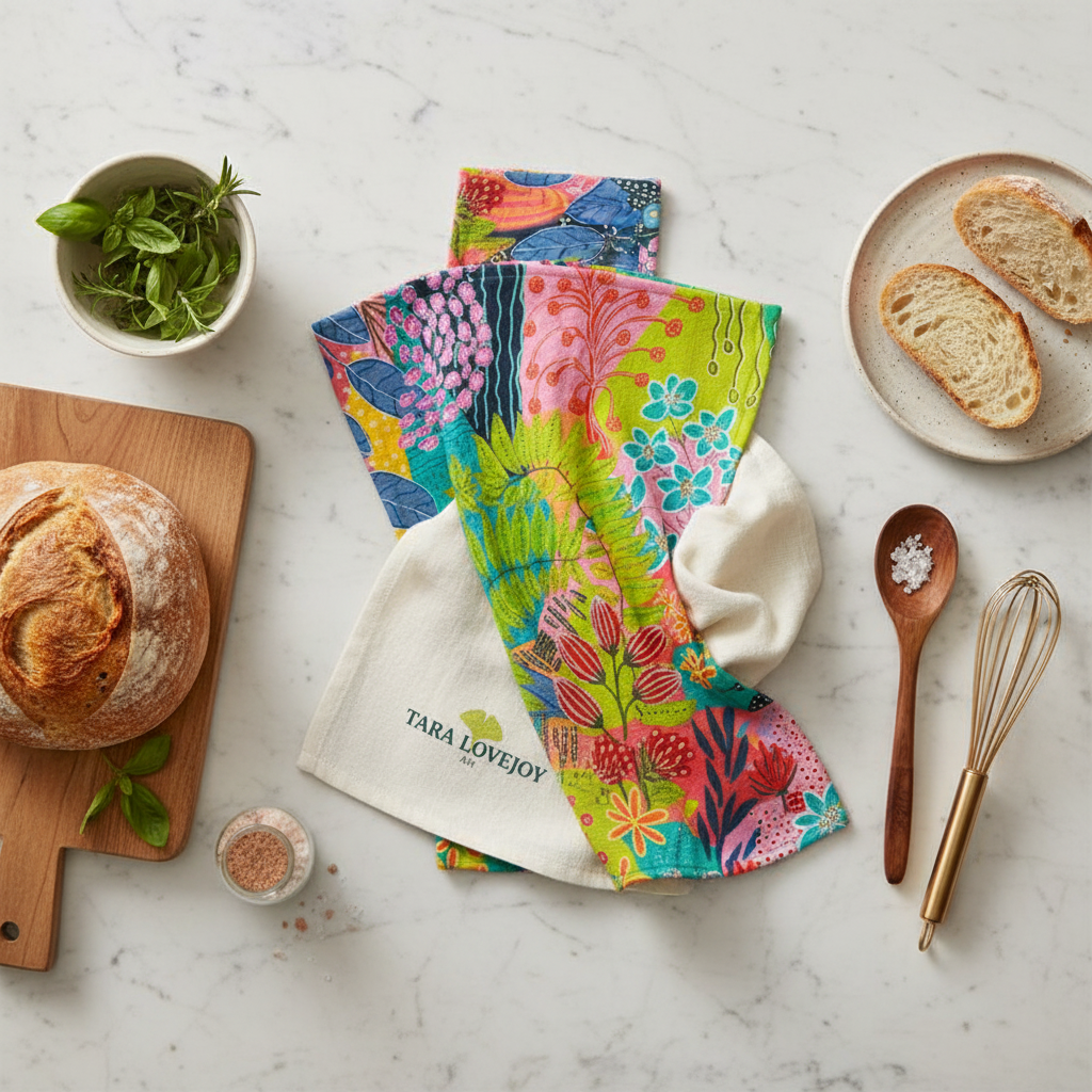 Summer Awakening Tea Towel | Botanical Kitchen Cotton Linen | UK Made