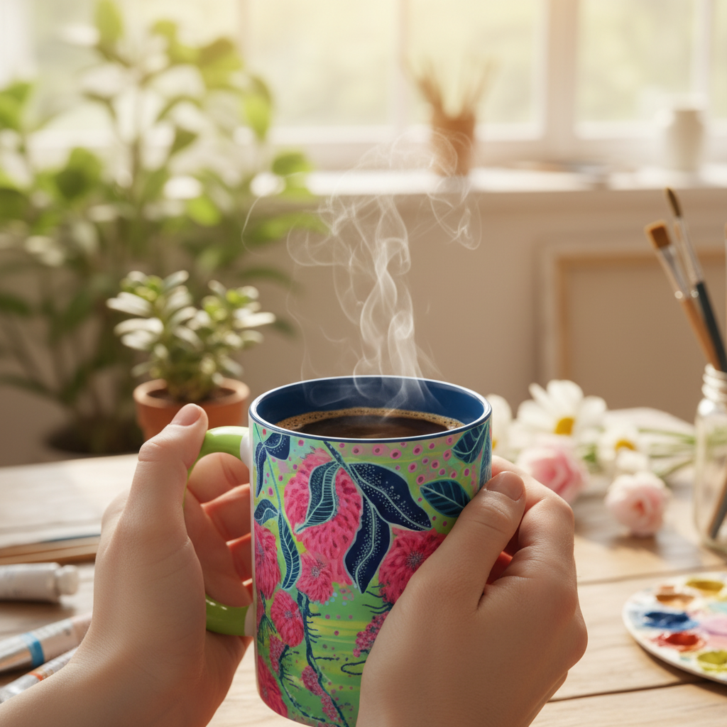 Hands holding blue interior mug with coffee