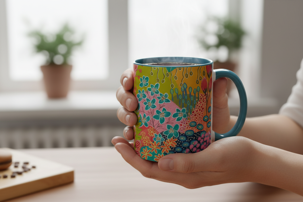 Hands holding floral mug