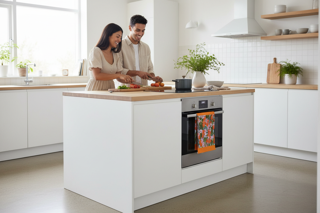 Hispanic couple with orange floral tea towel