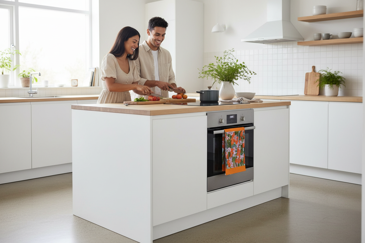 Hispanic couple with orange floral tea towel