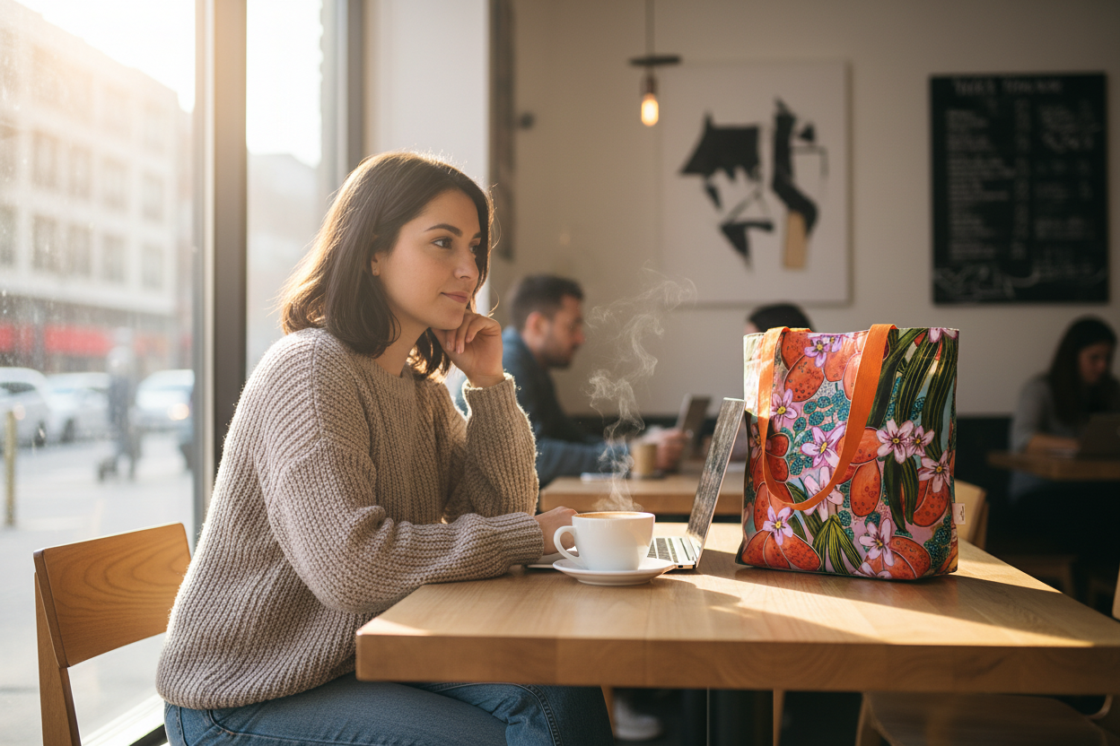 Hispanic woman at coffee shop with orange tote bag