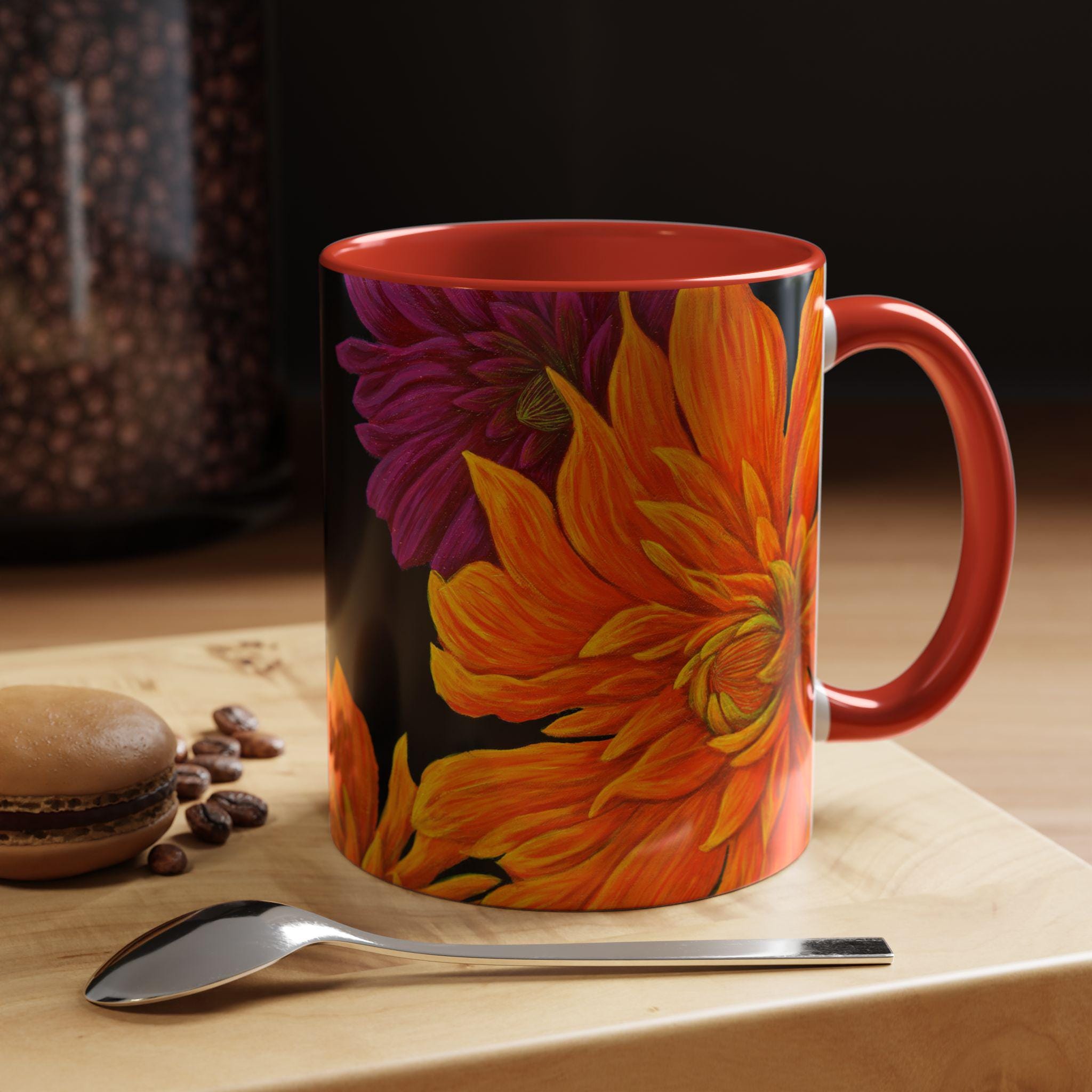 Ember Bloom Ceramic Mug - Orange Purple Dahlia Abstract Art Print