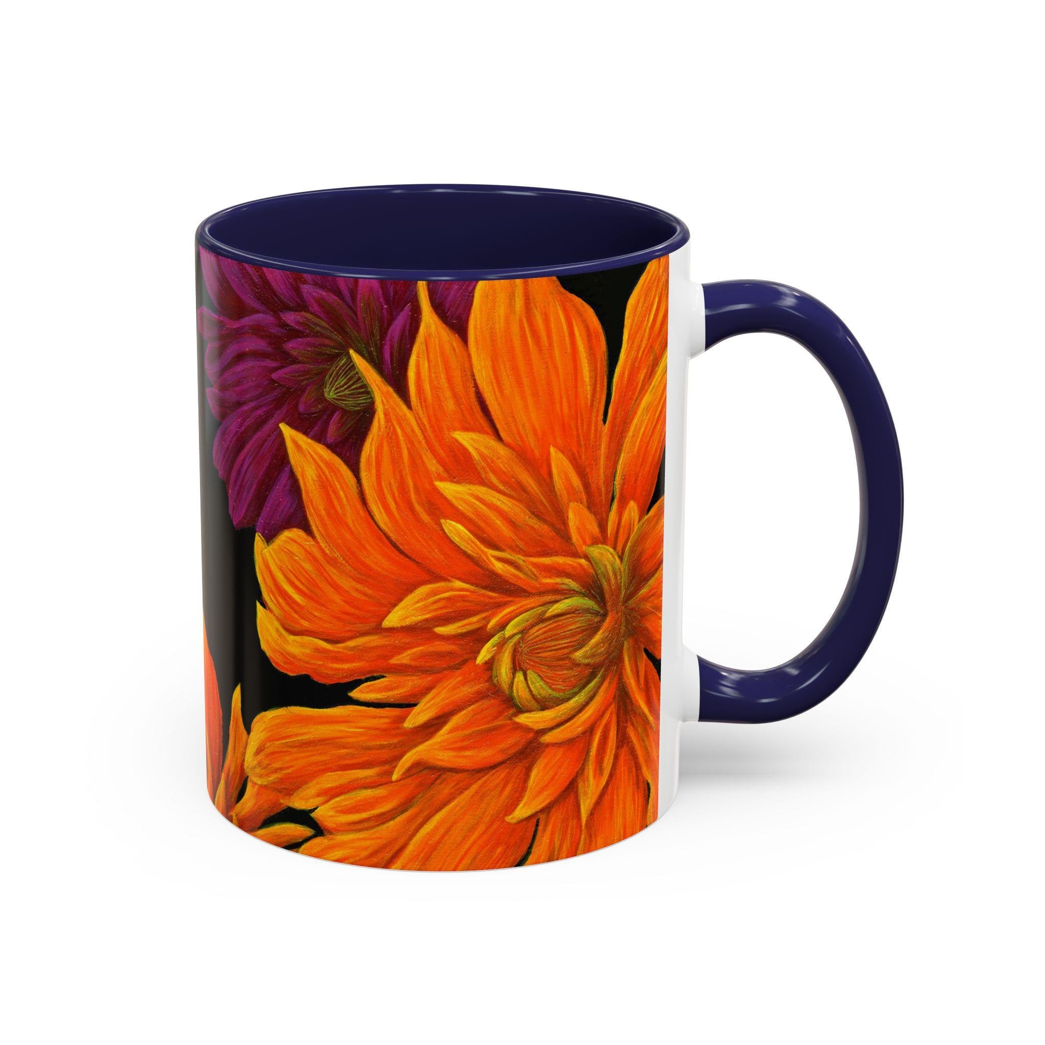 Ember Bloom Ceramic Mug - Orange Purple Dahlia Abstract Art Print