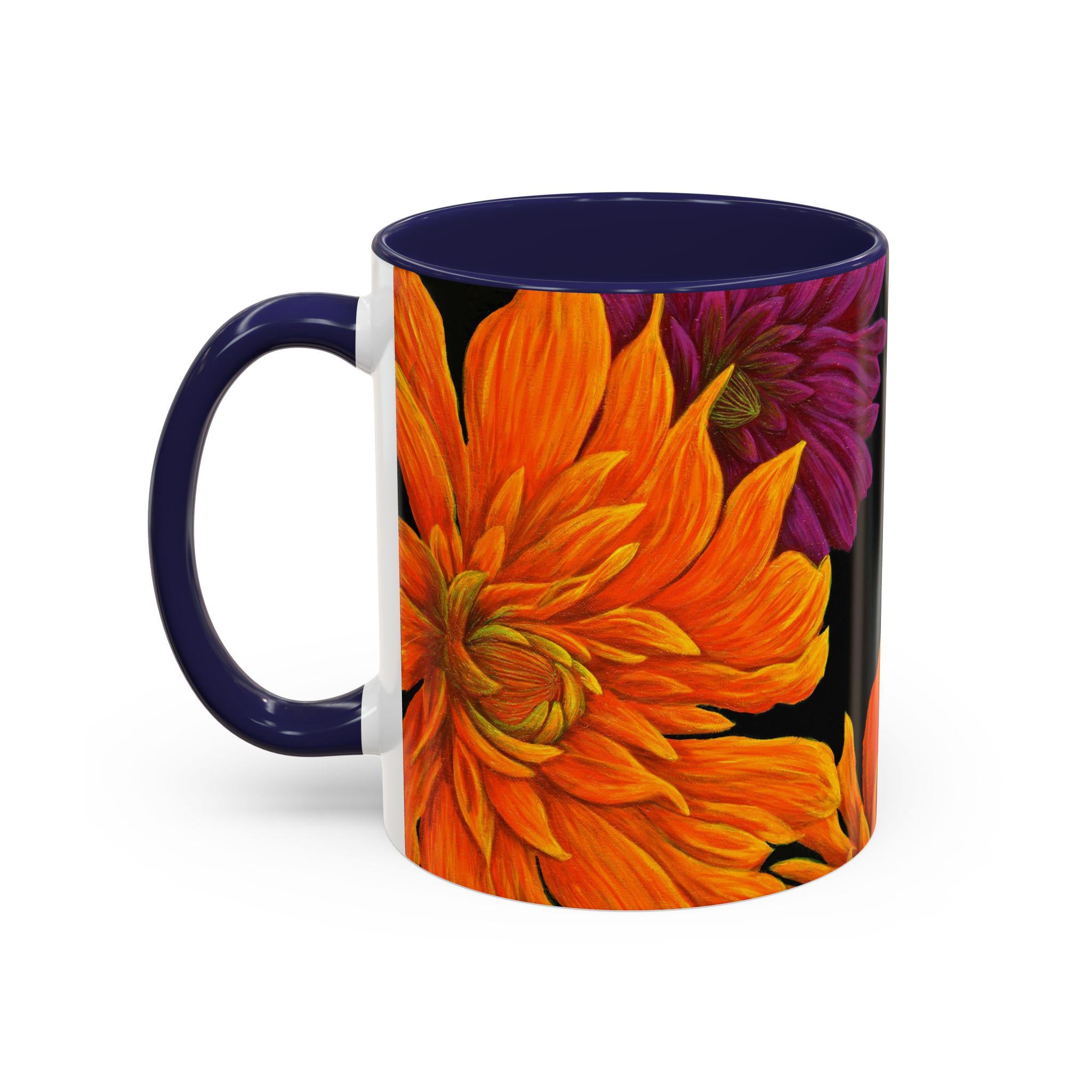 Ember Bloom Ceramic Mug - Orange Purple Dahlia Abstract Art Print
