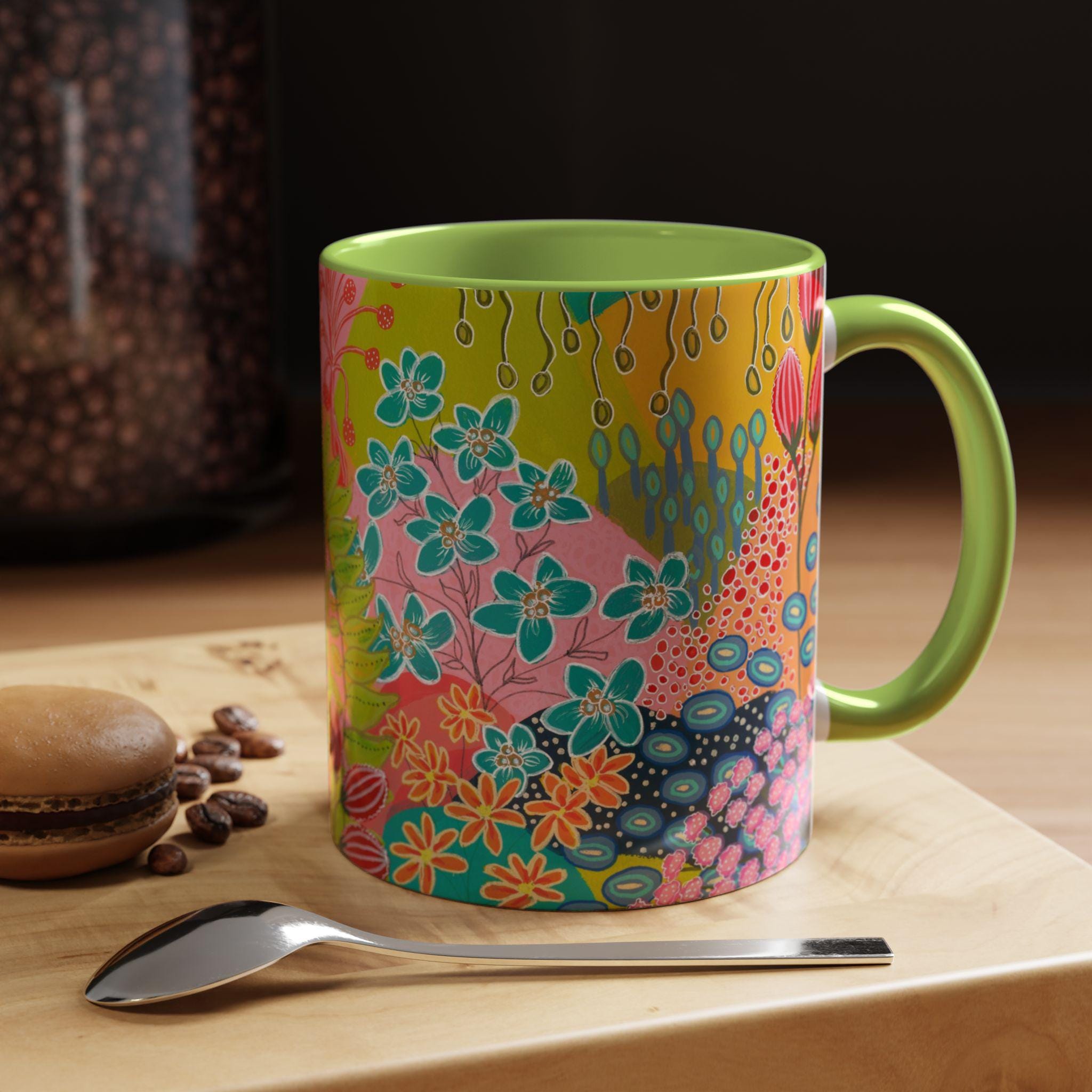 Floral Abstract Art Coffee Mug, Vibrant Botanical Ceramic Cup, Colorful Kitchen Mug