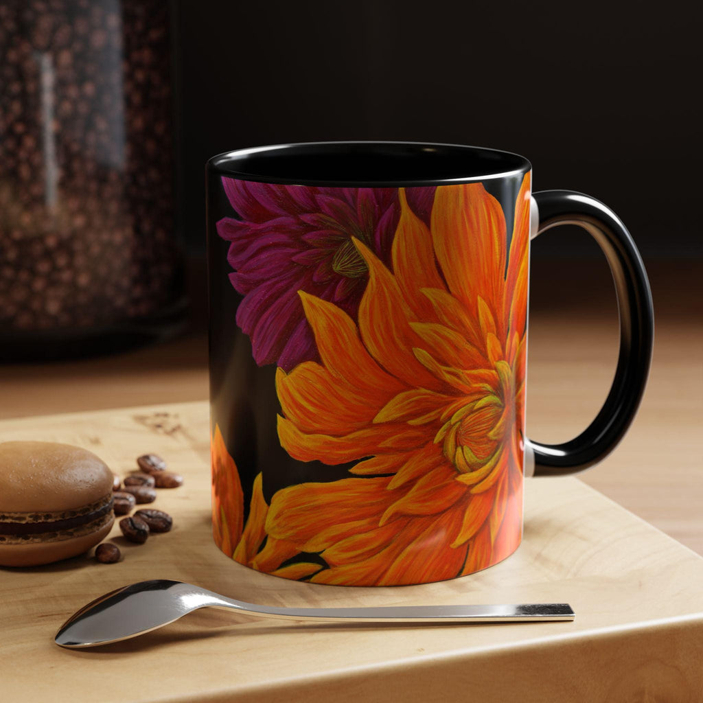 Ember Bloom Ceramic Mug - Orange Purple Dahlia Abstract Art Print