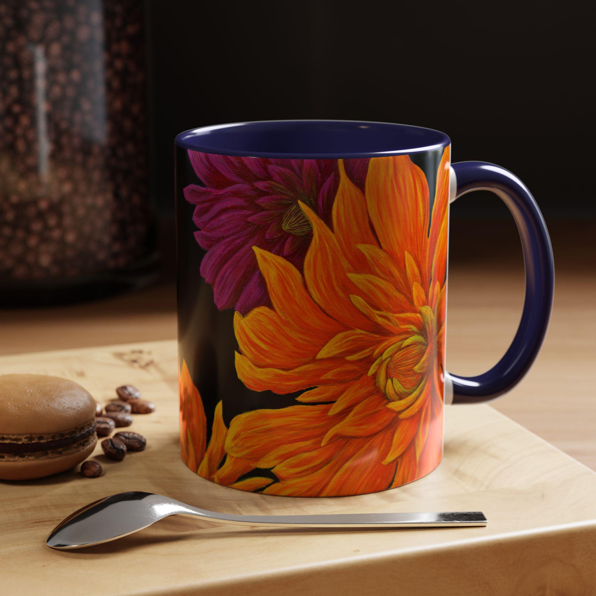 Ember Bloom Ceramic Mug - Orange Purple Dahlia Abstract Art Print