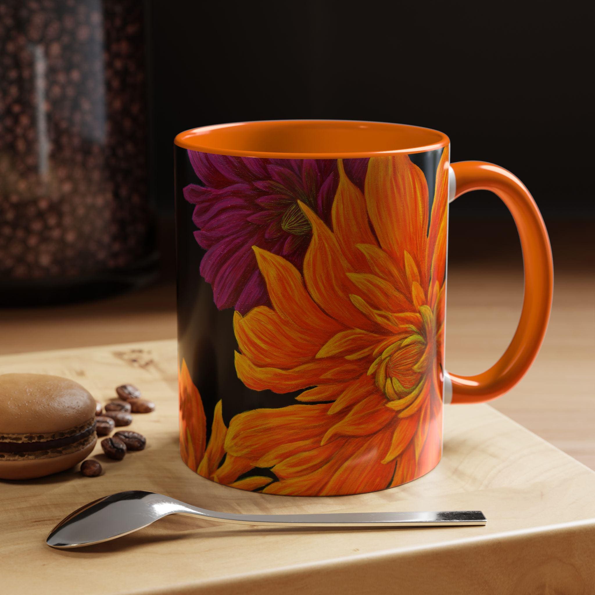 Ember Bloom Ceramic Mug - Orange Purple Dahlia Abstract Art Print