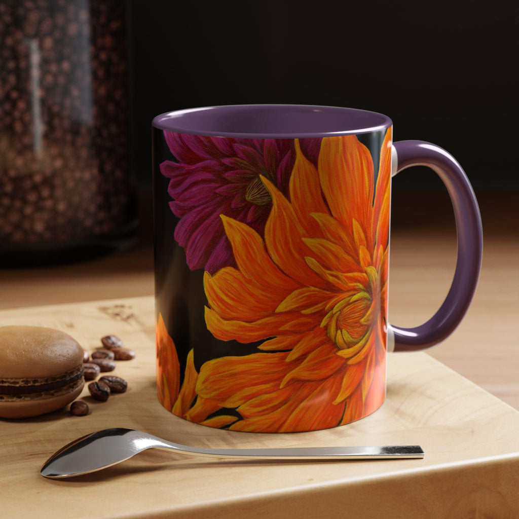 Ember Bloom Ceramic Mug - Orange Purple Dahlia Abstract Art Print