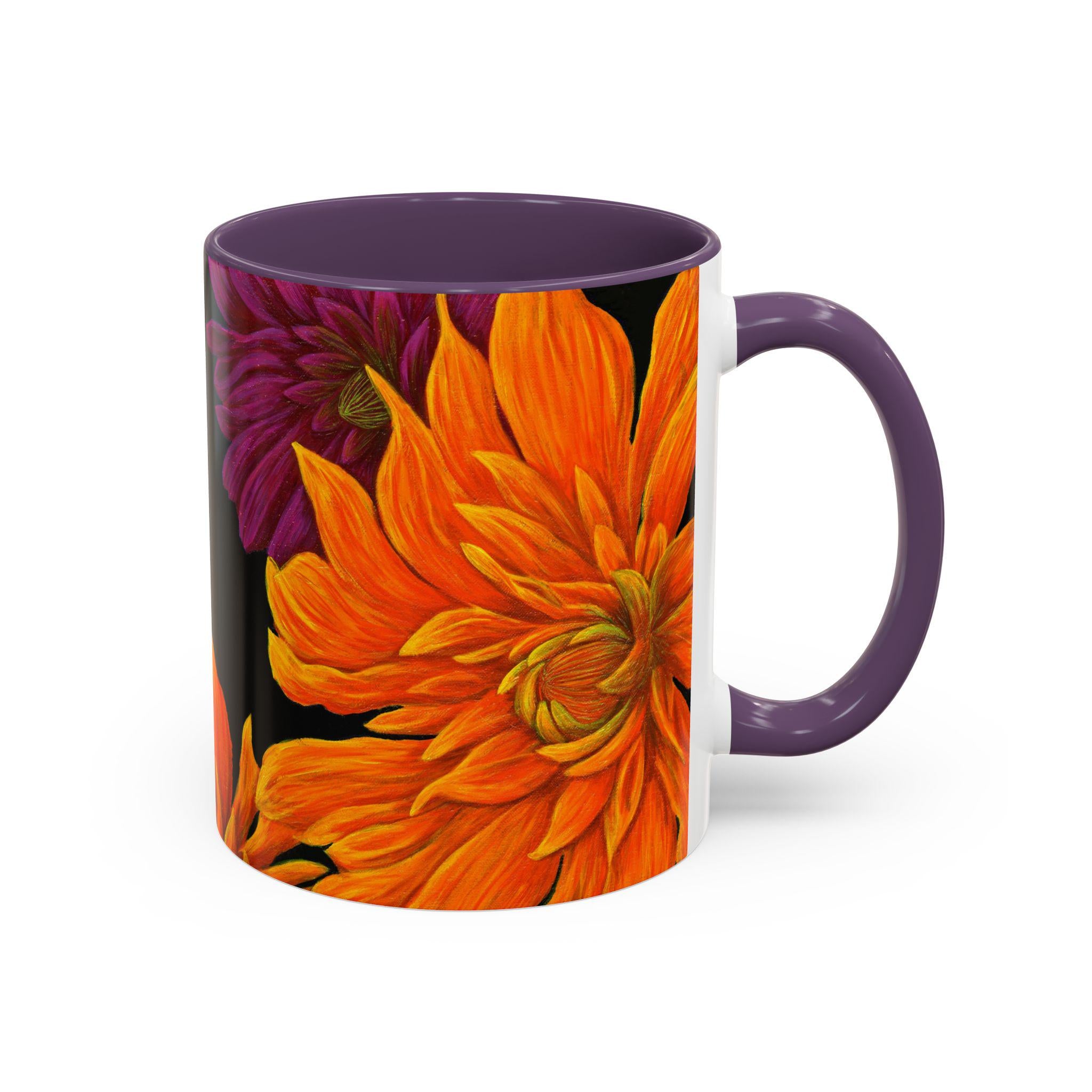 Ember Bloom Ceramic Mug - Orange Purple Dahlia Abstract Art Print
