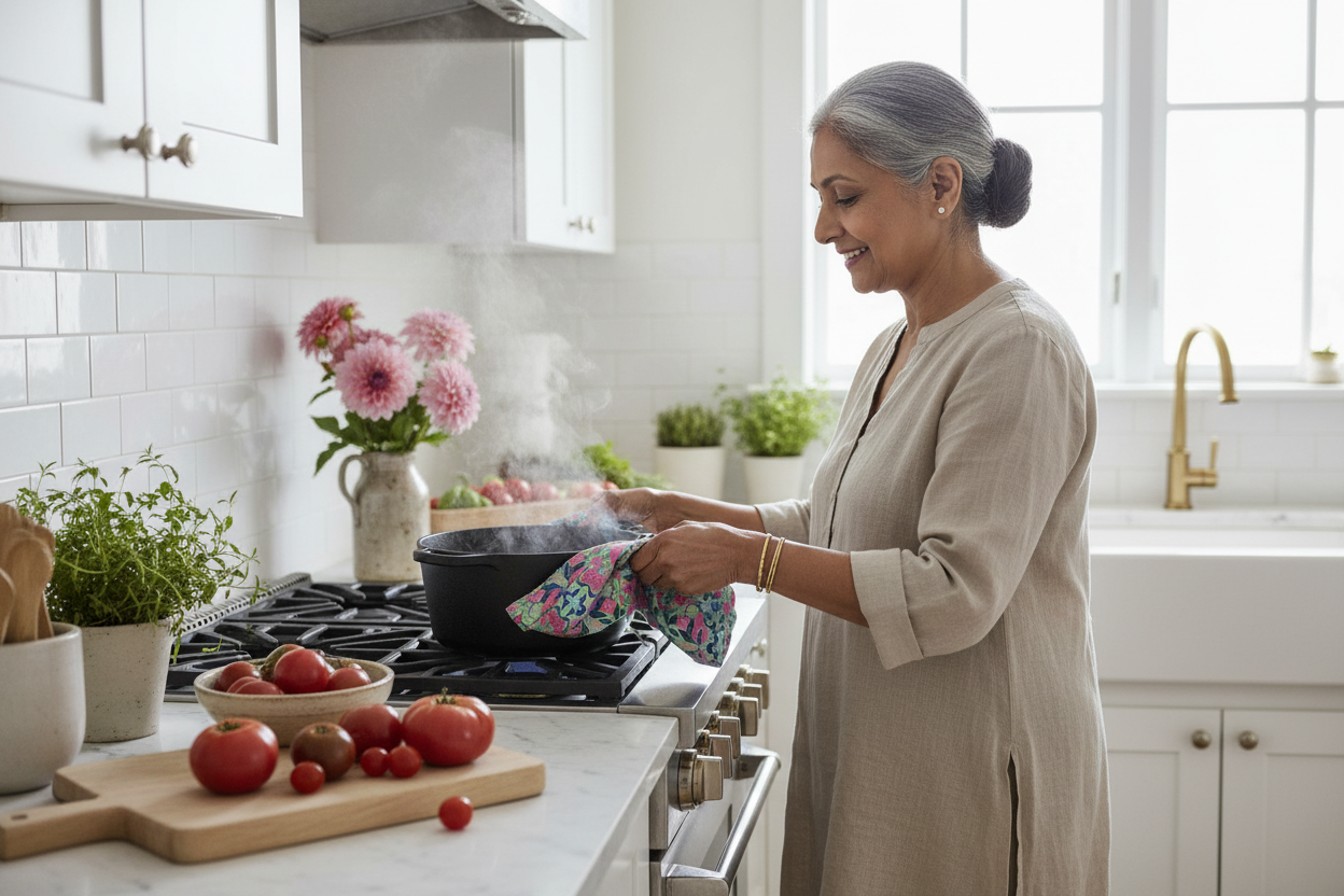 Elderly South Asian woman using Radiant Dahlia Geometric tea towel
