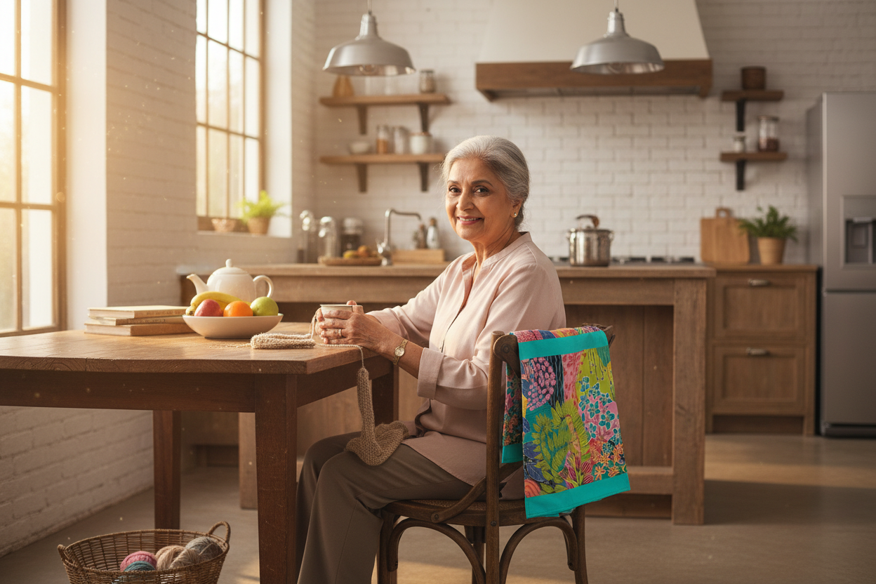 Elderly South Asian woman in kitchen with Summer Awakening tea towel