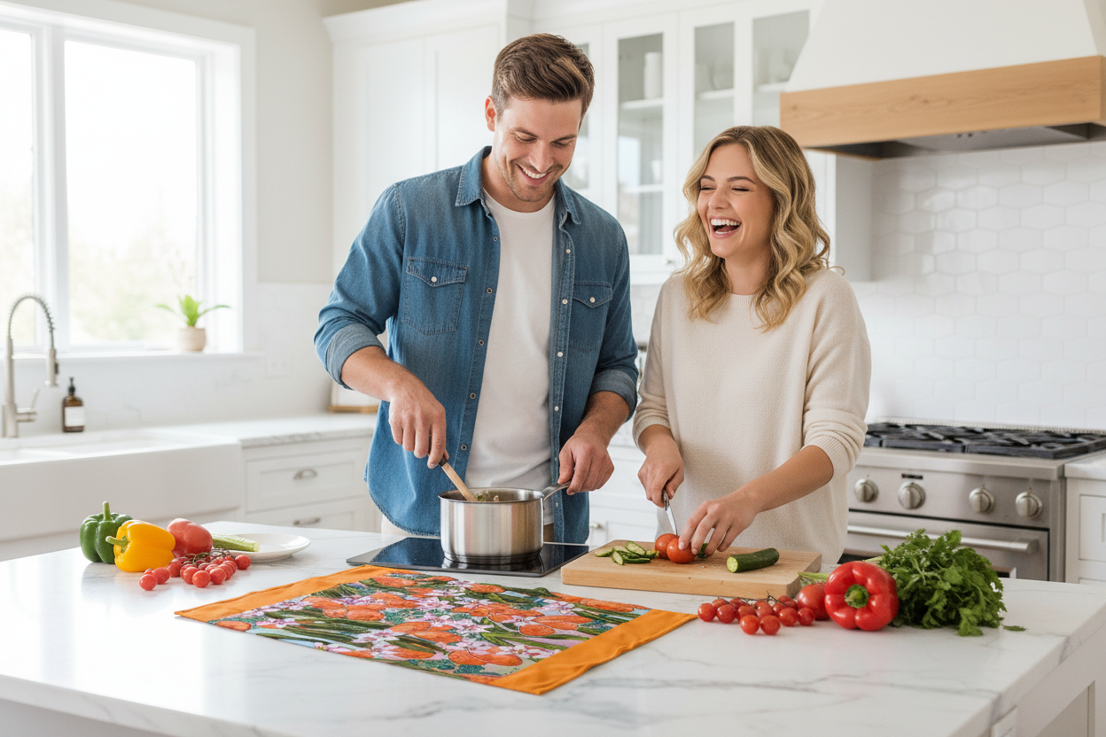Young couple cooking with Orange Blossom tea towel