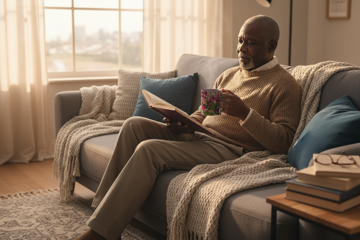 Elderly Black man relaxing with tea in Bleeding Hearts mug