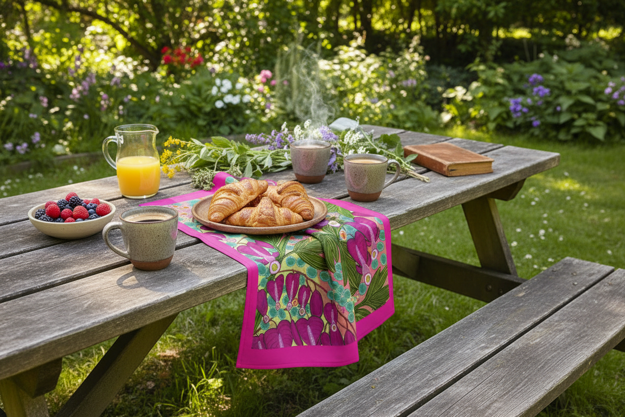 Outdoor brunch scene with Bleeding Hearts tea towel