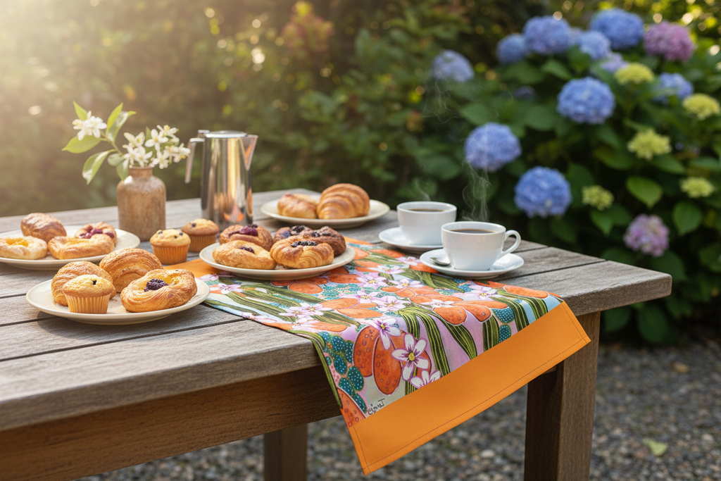 Outdoor brunch scene with Orange Blossom tea towel