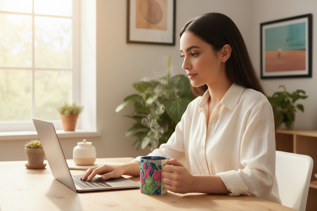 Young Middle Eastern woman working from home with Radiant Dahlia mug