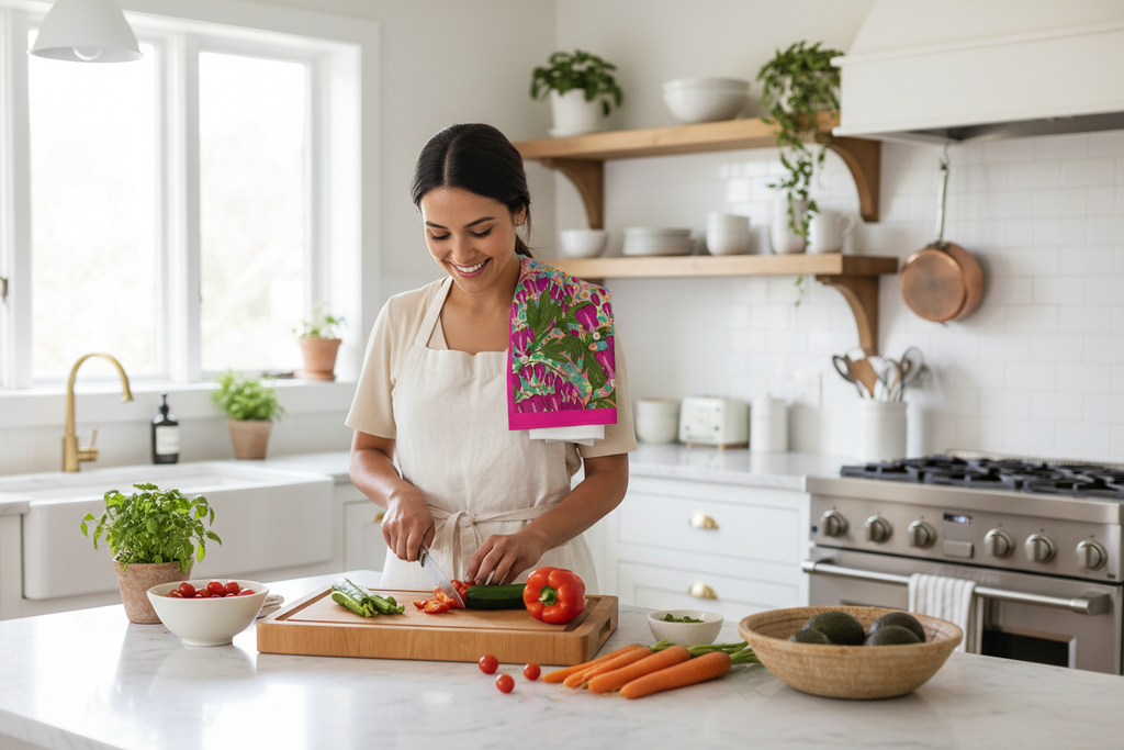 Young Hispanic woman cooking with Bleeding Hearts tea towel