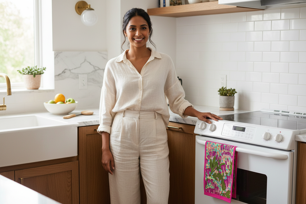 Young South Asian woman in kitchen with Bleeding Hearts tea towel
