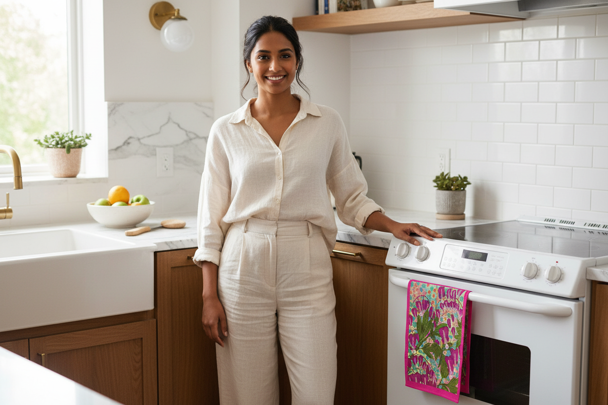 Young South Asian woman in kitchen with Bleeding Hearts tea towel