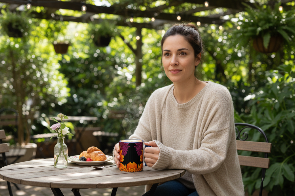 Hispanic woman at outdoor cafe with Ember Bloom mug