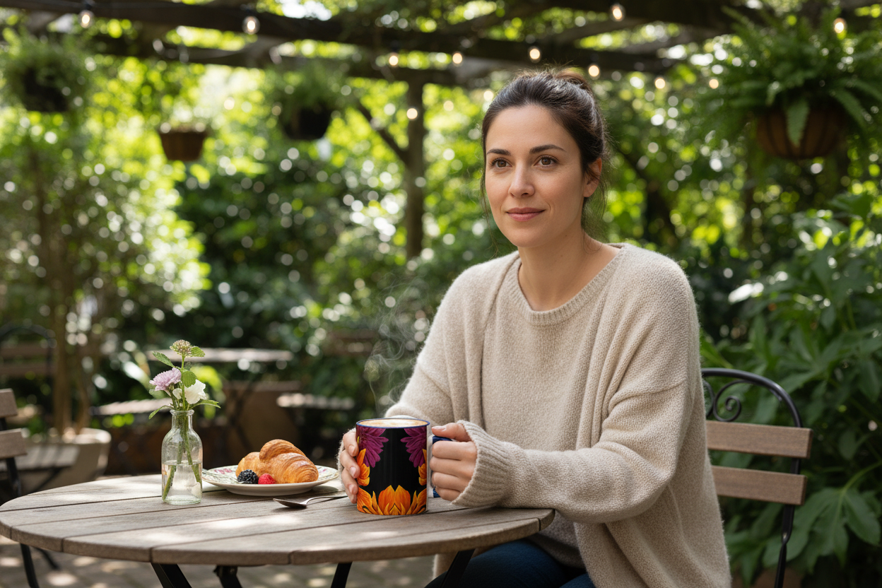 Hispanic woman at outdoor cafe with Ember Bloom mug