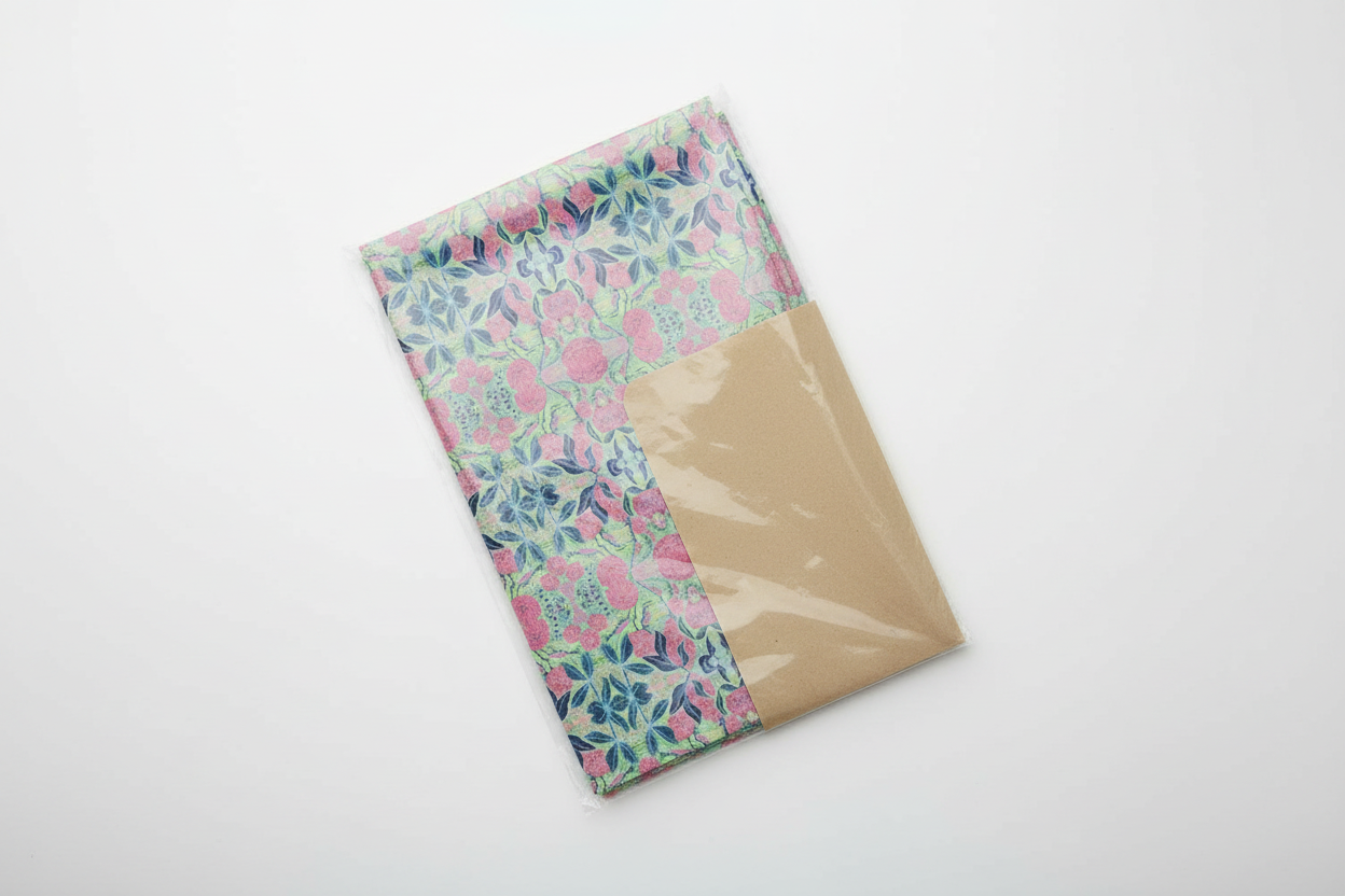Radiant Dahlia Geometric tea towel in simple folded packaging