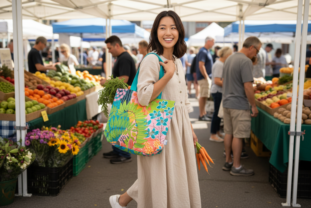 Young East Asian woman carrying Summer Awakening tote at farmers market