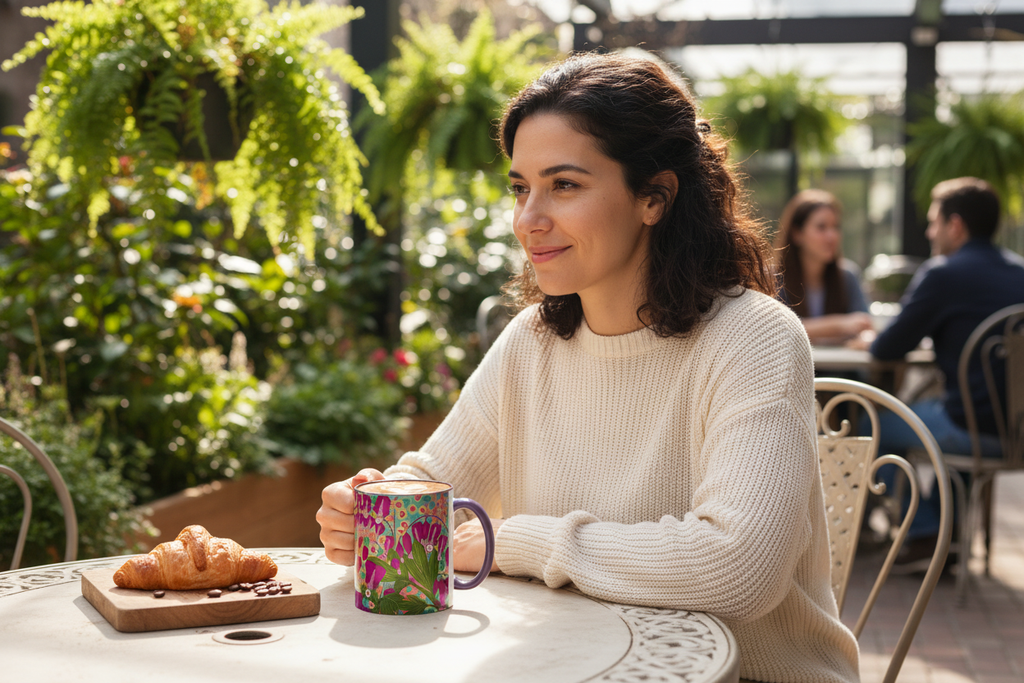 Hispanic woman at outdoor cafe with Orange Blossom mug