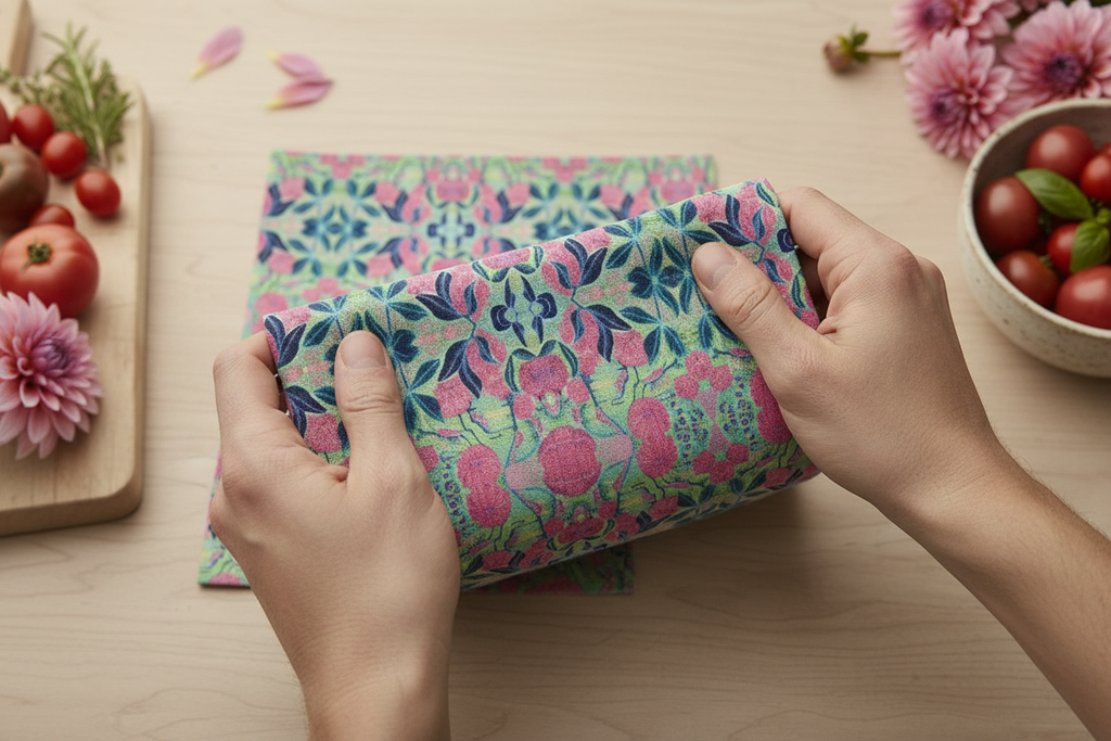 Close-up of hands folding Radiant Dahlia Geometric tea towel