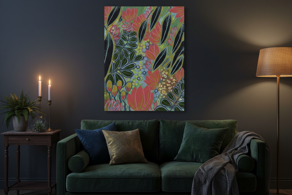Electric Eden botanical art print in a moody evening interior with candlelight, 70x50cm
