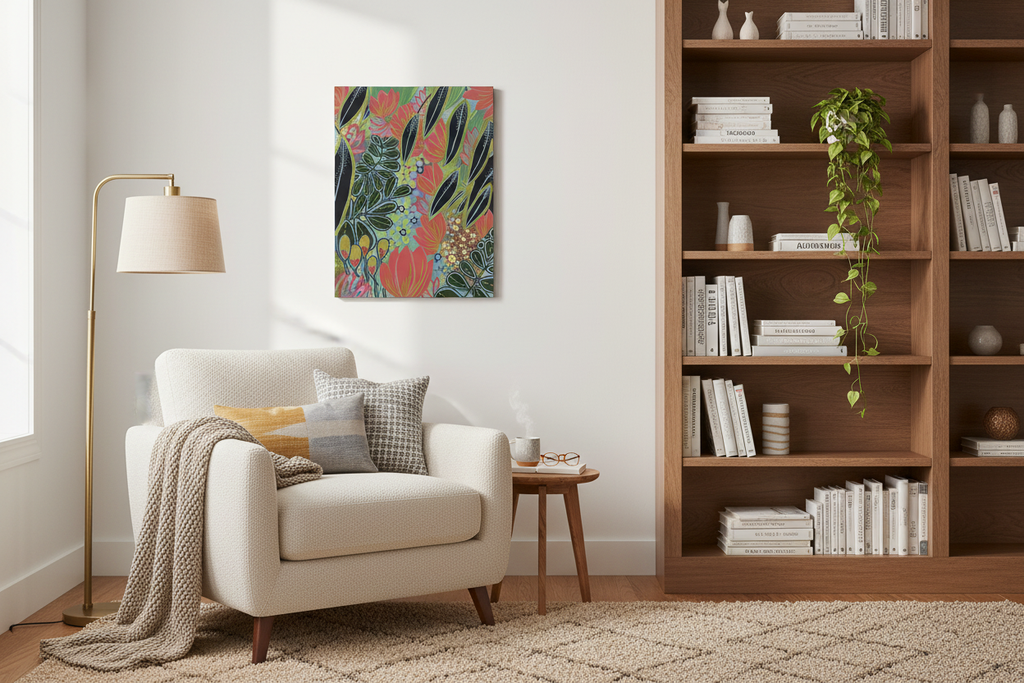 Electric Eden botanical art print in a cosy reading nook beside a bookshelf, 70x50cm