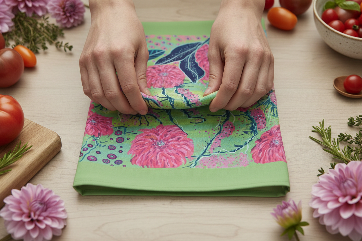 Close-up of hands folding Radiant Dahlia tea towel